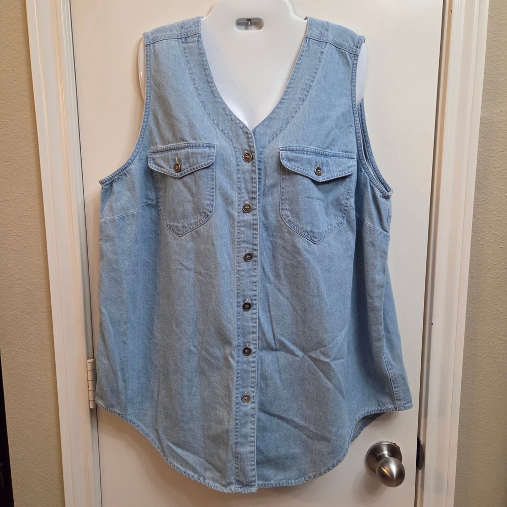 Hunters Run Womens XL Light Wash Denim Vest Button Front 100% Cotton V-Neck 90s